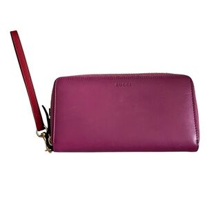 Gucci Moon Calfskin Zip Around Wrist Wallet Rosette Hibiscus Red Designer Luxury